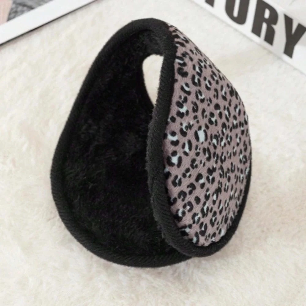 Ear Muffs Snow Leopard Print Plush Faux Fur Black Gray White One Size
